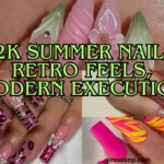 A horizontal YouTube thumbnail collage highlighting four nostalgic early-2000s inspired nail designs. Green text with a black outline overlays the center, reading: "7 Y2K Summer Nails: Retro Feels, Modern Execution."