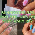 A horizontal five-panel collage displaying a variety of vibrant, joyful summer manicures. Layered across the center is stylized yellow text outlined in bright green that reads: "7 SUMMERTIME NAILS THAT FEEL LIKE THE FIRST WARM DAY."