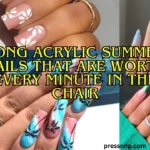 A horizontal four-panel collage showcasing vibrant, long acrylic summer manicure styles. Superimposed boldly across the center is stylized yellow text with a sharp black outline that reads: "LONG ACRYLIC SUMMER NAILS THAT ARE WORTH EVERY MINUTE IN THE CHAIR."