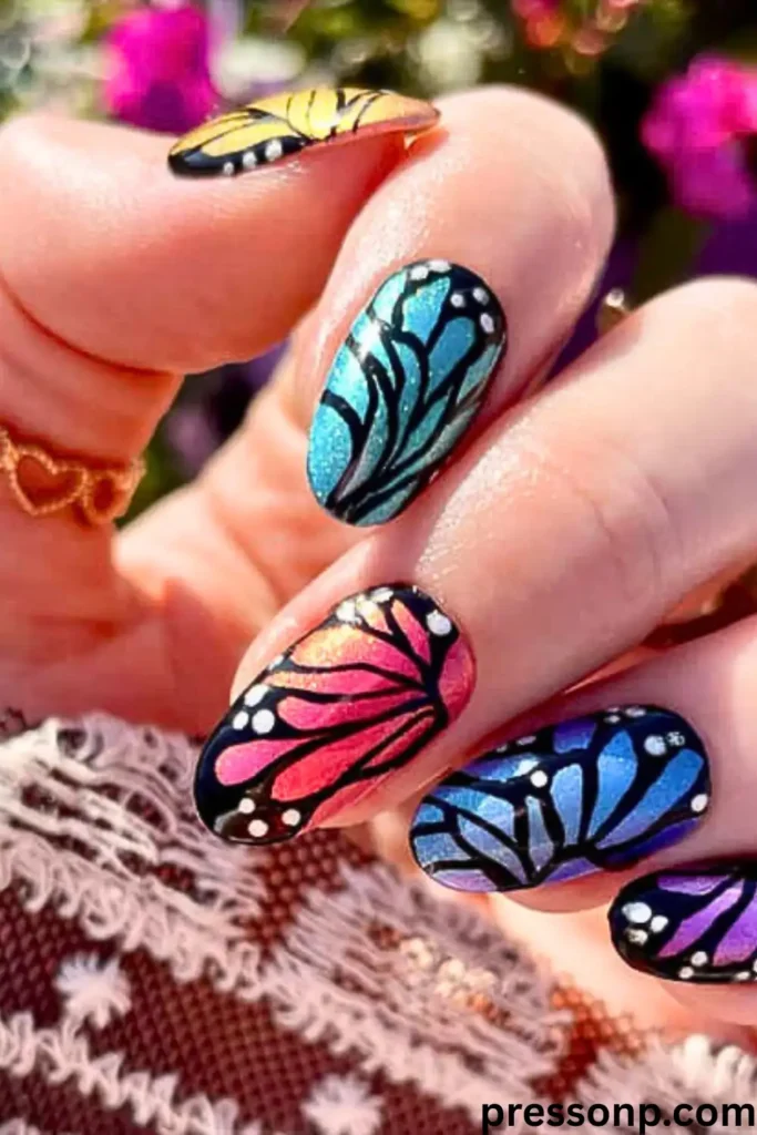 A close-up of a hand featuring oval-shaped nails decorated with a vibrant, high-contrast butterfly wing pattern in sparkling teal, pink, and purple tones.