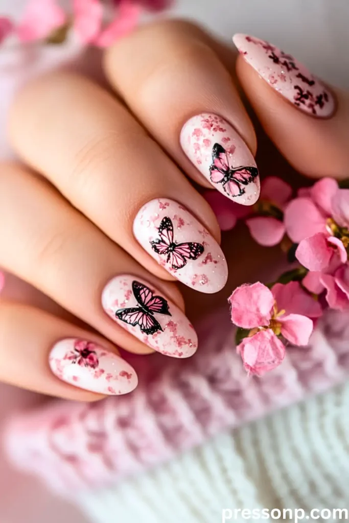 A close-up of a hand featuring a modern minimalist manicure. The almond-shaped nails alternate between a solid lavender shimmer and a black-and-lavender negative space butterfly wing design.