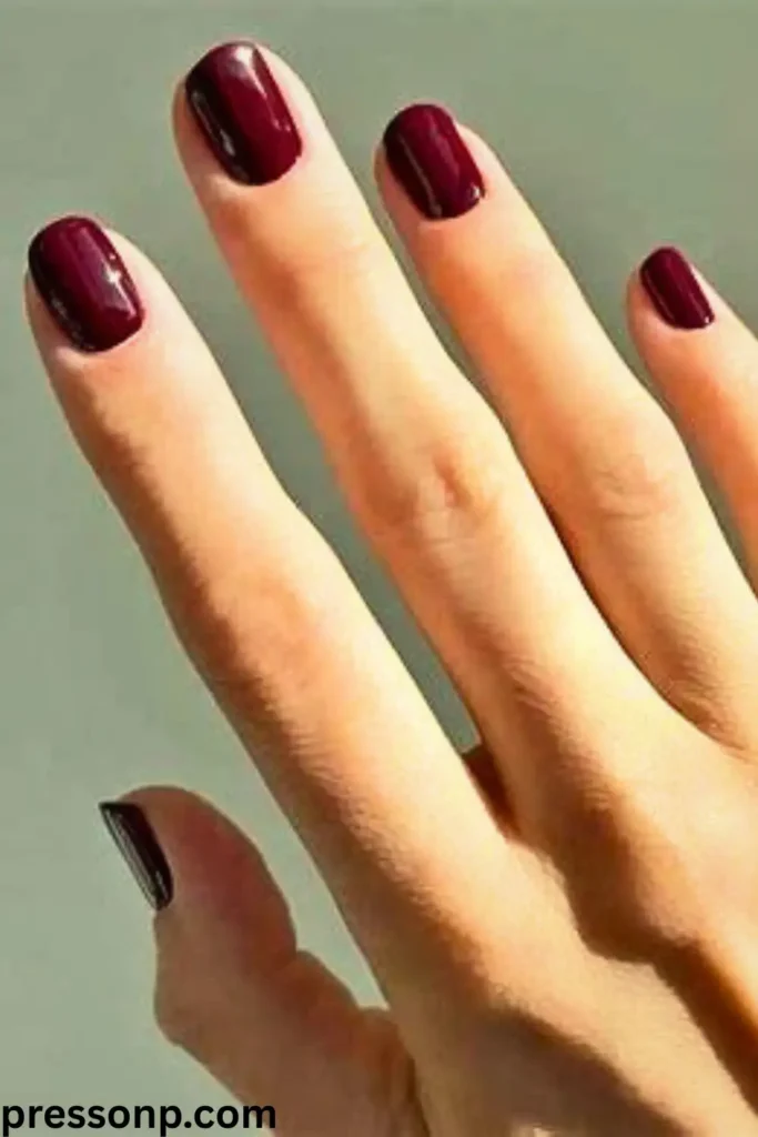 "A close-up of a hand with fair skin and cool undertones featuring short, square-shaped nails painted in a glossy, deep burgundy wine color. The dark red hue provides a high-contrast, sophisticated look that complements neutral skin tones, watermarked with pressonp.com."