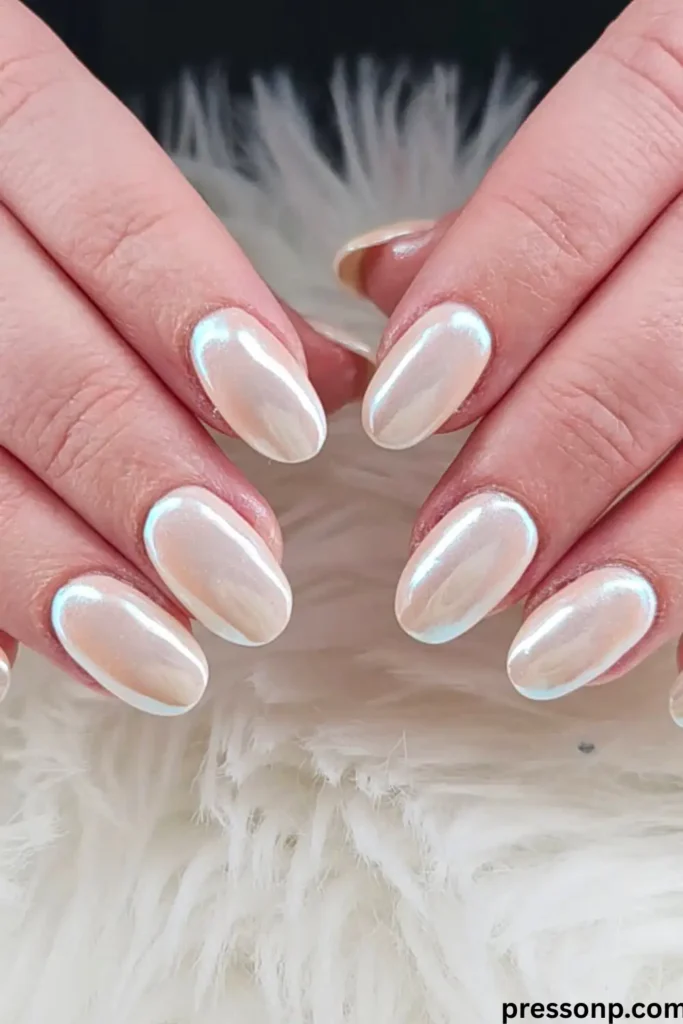 A close-up of hands with short oval nails showcasing a "Pearl Chrome" manicure with a reflective, iridescent white shimmer finish.