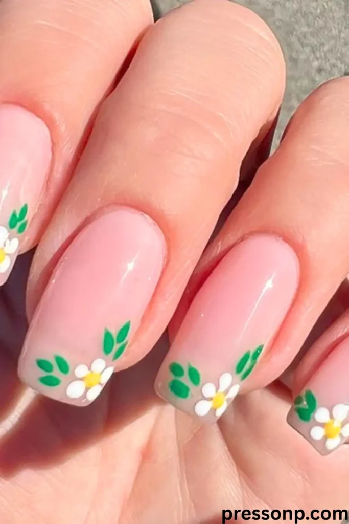 A close-up of a hand with medium, square-tapered nails featuring a sheer pink base decorated with delicate hand-painted white daisies and small green leaves along the tips.