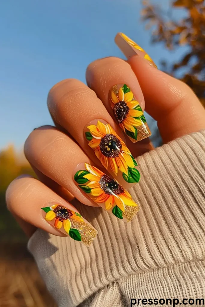 A close-up of a hand with long square nails featuring an explicit sunflower manicure, with large, detailed yellow petals, glittery dark brown centers, and green leaves over a gold sparkle base.