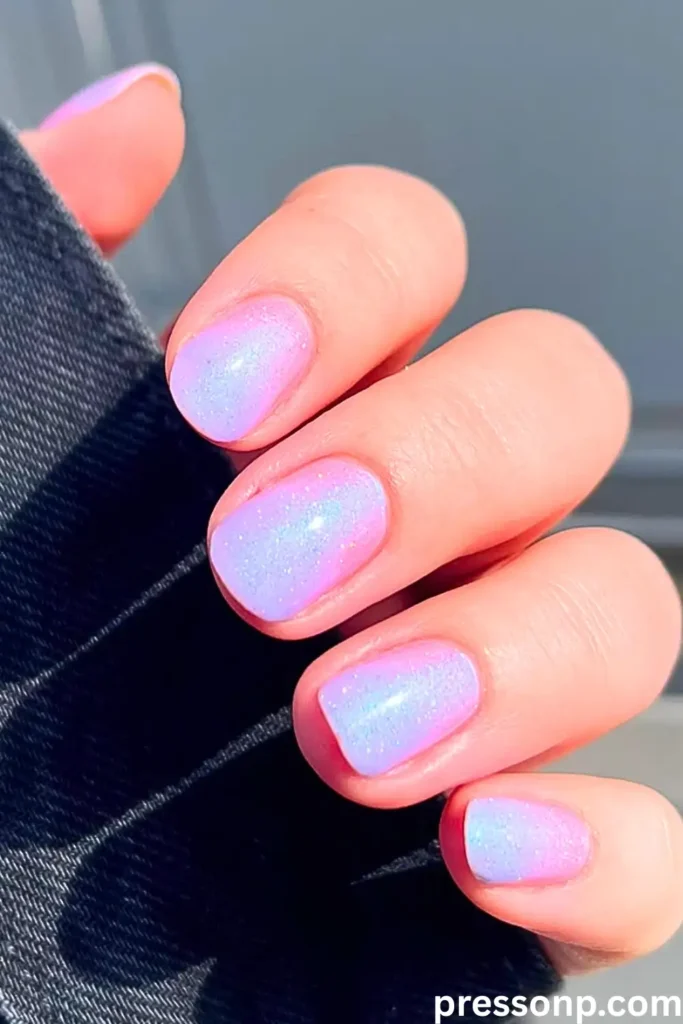 A close-up of a hand with short, square-rounded nails showcasing an iridescent pearl manicure with a soft pink base and a shimmering violet-blue chrome shift under direct sunlight.