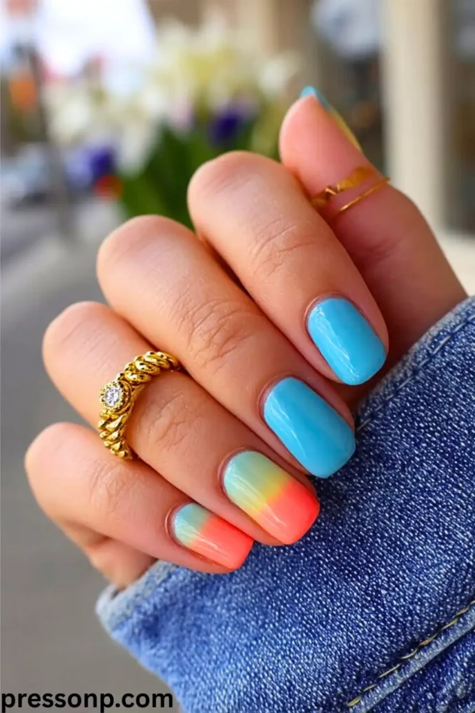 A close-up of a hand with short, square-rounded nails showcasing a vibrant summer manicure that mixes solid turquoise blue with a bold mint-green and hot-neon-coral color-blocked gradient.