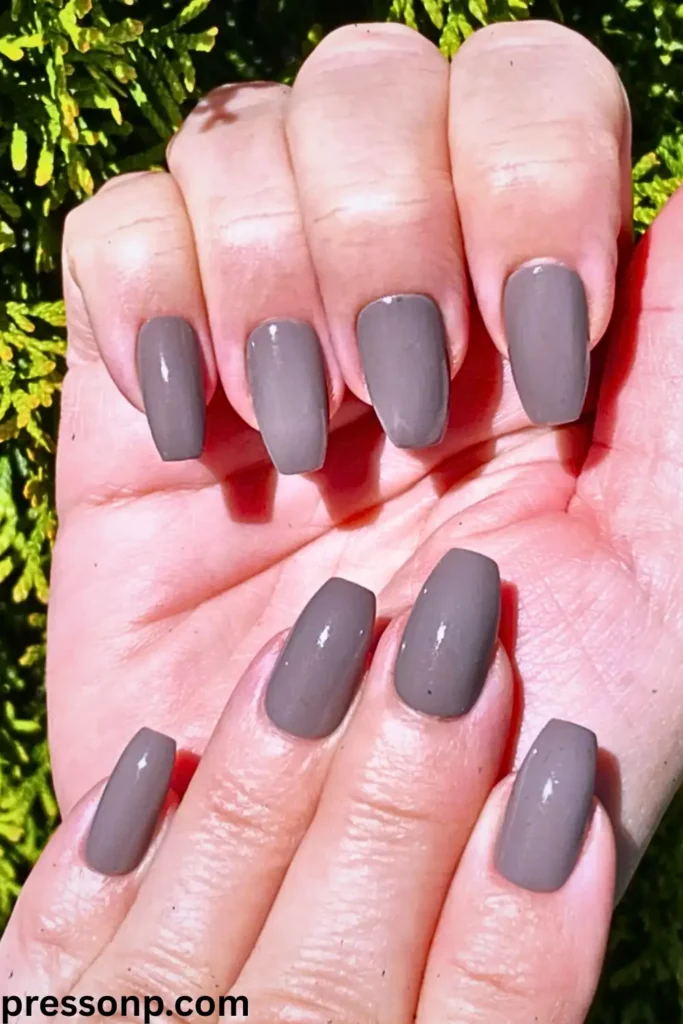 "A close-up of a hand with deep skin and cool undertones featuring medium-length, coffin-shaped nails. The manicure is a glossy, cool-toned taupe or mushroom grey that beautifully complements neutral skin tones. The hand is posed against a natural green foliage background, with the pressonp.com watermark at the bottom left."