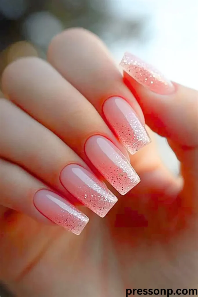 A close-up of a hand with long, square nails featuring a delicate peach-to-pink gradient ombre manicure adorned with fine silver glitter cascading down from the tips.
