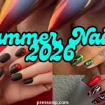 A multi-panel collage of trendy summer manicures featuring metallic chrome gradients, matte black with glossy red drip art, and vibrant neon accents. The bold text overlay reads "Summer Nails 2026."