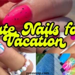 A horizontal three-panel collage of vibrant summer vacation manicures featuring detailed ocean wave art, colorful fruit designs, and minimalist abstract pastels. The text overlay reads "7 Cute Nails for Vacation."