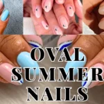 A horizontal YouTube thumbnail collage highlighting elegant oval-shaped summer manicures in sky blue, minimal yin-and-yang art, and glossy sheer nudes. The bold stylized text across the center reads "OVAL SUMMER NAILS."