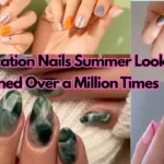 A horizontal YouTube thumbnail collage highlighting popular summer vacation nail trends, featuring abstract squiggles, color-blocked shapes, jade marble effects, and hot-pink side swirls. Bold center text reads "Vacation Nails Summer Looks Pinned Over a Million Times."