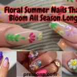 A horizontal YouTube thumbnail collage highlighting various floral and playful summer nail designs, featuring hand-painted botanical vines, purple glitter accents, and a large text overlay reading "Floral Summer Nails That Bloom All Season Long."