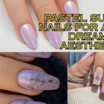 A horizontal YouTube thumbnail collage highlighting soft lavender and purple summer nail art designs, featuring iridescent chrome nails, 3D floral accents, and glitter gradients. Large text on the right reads "Pastel Summer Nails For A Soft, Dreamy Aesthetic."