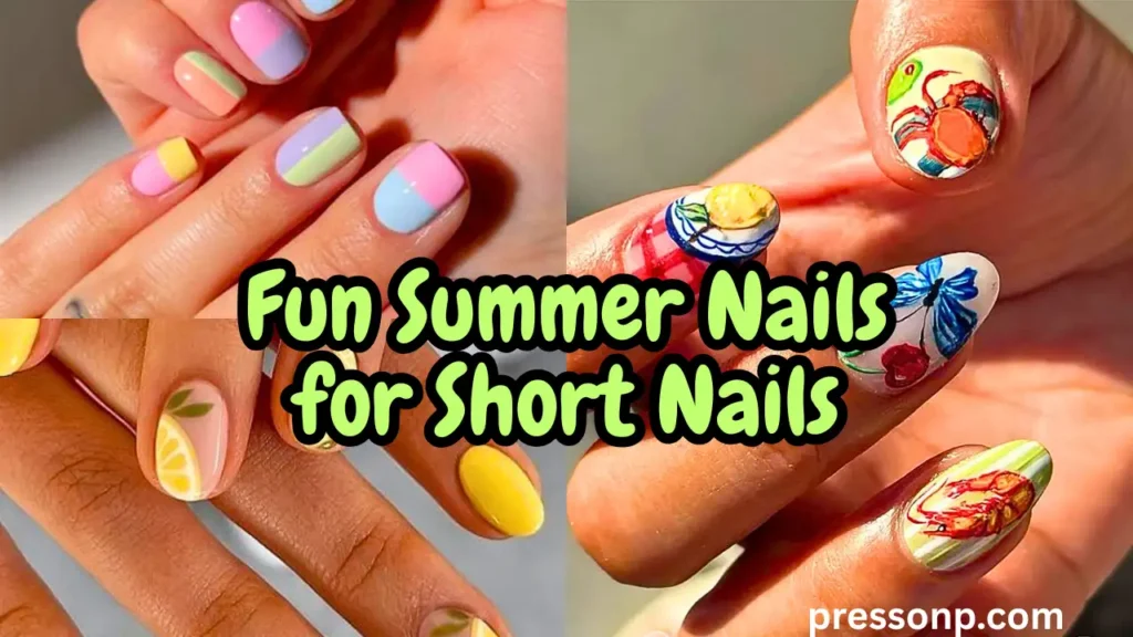 A horizontal YouTube thumbnail collage showcasing creative summer nail art on short nails, featuring colorful geometric blocking, abstract blue waves, and detailed Mediterranean motifs. Large yellow text on the right reads "Fun Summer Nails for Short Nails."