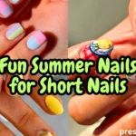 A horizontal YouTube thumbnail collage showcasing creative summer nail art on short nails, featuring colorful geometric blocking, abstract blue waves, and detailed Mediterranean motifs. Large yellow text on the right reads "Fun Summer Nails for Short Nails."
