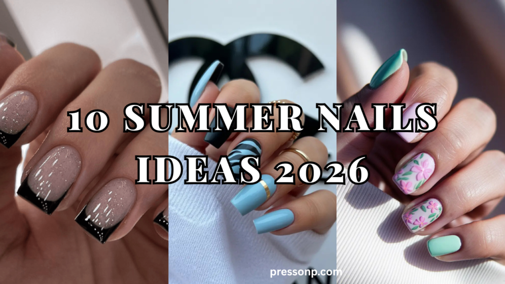 The left panel shows a close-up of a hand with glossy square nails featuring a sheer glitter nude base and sharp black French tips accented with delicate white dots. The center panel displays long square nails in a mismatched style, including solid matte black, light blue zebra stripes, and solid baby blue with a metallic gold horizontal band. The right panel features a shorter, natural square manicure in pastel shades of mint green and lavender, with middle fingers showcasing an intricate pink floral pattern. Large, bold white text with a black outline stretches across the center reading "10 SUMMER NAILS IDEAS 2026", and the website name "pressonp.com" is printed in white at the bottom right.
