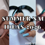 The left panel shows a close-up of a hand with glossy square nails featuring a sheer glitter nude base and sharp black French tips accented with delicate white dots. The center panel displays long square nails in a mismatched style, including solid matte black, light blue zebra stripes, and solid baby blue with a metallic gold horizontal band. The right panel features a shorter, natural square manicure in pastel shades of mint green and lavender, with middle fingers showcasing an intricate pink floral pattern. Large, bold white text with a black outline stretches across the center reading "10 SUMMER NAILS IDEAS 2026", and the website name "pressonp.com" is printed in white at the bottom right.