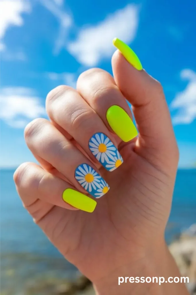 Square nails with bright highlighter neon yellow polish and blue accent nails with white daisies.