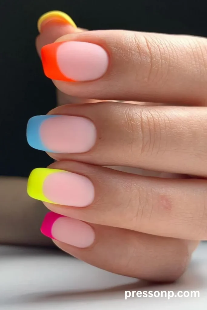 Matte square nails with a neutral nude base and mismatched neon rainbow French tips.