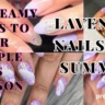 A four-panel landscape nail art collage showcasing diverse purple and lavender summer manicures including glitter gradients, pastel swirls, cloud designs, and 3D floral accents with a descriptive text overlay from pressonp.com.