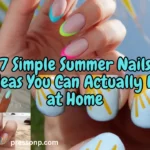 A horizontal YouTube thumbnail collage showcasing four simple, beginner-friendly summer manicures: vibrant neon French tips, hand-painted yellow suns on a sky-blue base, a tropical beach set with a hibiscus flower, and a glossy neon green-to-blue gradient. Large turquoise text with a black outline overlays the center, reading: "7 Simple Summer Nails Ideas You Can Actually Do at Home."