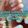 A horizontal YouTube thumbnail collage showcasing four simple, beginner-friendly summer manicures: vibrant neon French tips, hand-painted yellow suns on a sky-blue base, a tropical beach set with a hibiscus flower, and a glossy neon green-to-blue gradient. Large turquoise text with a black outline overlays the center, reading: "7 Simple Summer Nails Ideas You Can Actually Do at Home."