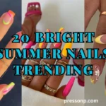 A three-panel landscape collage showcasing trending bright summer manicures—including neon swirl accents, bold pink-and-yellow coffin extensions, and pastel yellow daisy floral tips—with a large blue graphic text overlay from pressonp.com.
