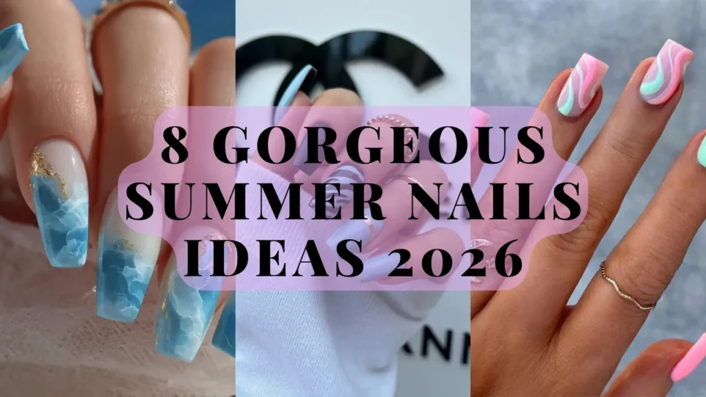 A landscape-oriented YouTube thumbnail collage split into three vertical panels showcasing square and coffin-shaped summer manicures. The left panel shows a close-up of nails featuring a blue and white ocean marble texture accented with gold foil flakes. The center panel displays a hand wearing a white sleeve with a matte black, blue zebra print, and light blue manicure featuring a metallic gold stripe. The right panel showcases long square nails decorated with a pastel pink, mint green, and white retro swirl pattern. A horizontal, translucent pink text block sits across the center with large black text reading "8 GORGEOUS SUMMER NAILS IDEAS 2026."