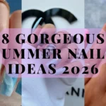 A landscape-oriented YouTube thumbnail collage split into three vertical panels showcasing square and coffin-shaped summer manicures. The left panel shows a close-up of nails featuring a blue and white ocean marble texture accented with gold foil flakes. The center panel displays a hand wearing a white sleeve with a matte black, blue zebra print, and light blue manicure featuring a metallic gold stripe. The right panel showcases long square nails decorated with a pastel pink, mint green, and white retro swirl pattern. A horizontal, translucent pink text block sits across the center with large black text reading "8 GORGEOUS SUMMER NAILS IDEAS 2026."
