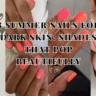 Horizontal YouTube thumbnail collage titled "8 Summer Nails for Dark Skin: Shades That Pop Beautifully," displaying four diverse manicures ranging from metallic chrome to vibrant corals on deep skin tones.