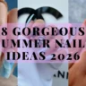 A landscape-oriented YouTube thumbnail collage split into three vertical panels showcasing square and coffin-shaped summer manicures. The left panel shows a close-up of nails featuring a blue and white ocean marble texture accented with gold foil flakes. The center panel displays a hand wearing a white sleeve with a matte black, blue zebra print, and light blue manicure featuring a metallic gold stripe. The right panel showcases long square nails decorated with a pastel pink, mint green, and white retro swirl pattern. A horizontal, translucent pink text block sits across the center with large black text reading "8 GORGEOUS SUMMER NAILS IDEAS 2026."