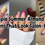 Horizontal blog banner titled "8 Simple Summer Almond Nails Designs That Look Salon-Level," displaying a three-panel collage of trendy almond manicures featuring yellow florals, hot pink French tips, and royal blue citrus art.