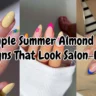 Horizontal blog banner titled "8 Simple Summer Almond Nails Designs That Look Salon-Level," displaying a three-panel collage of trendy almond manicures featuring yellow florals, hot pink French tips, and royal blue citrus art.