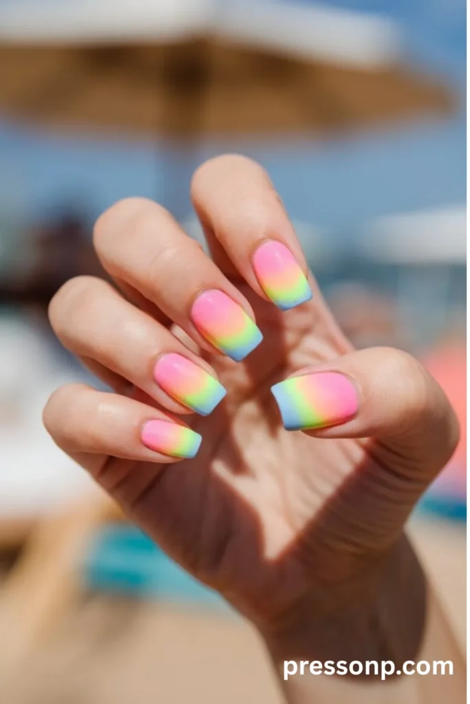 Pastel neon rainbow vertical ombre on medium square nails with a sunny beach background.