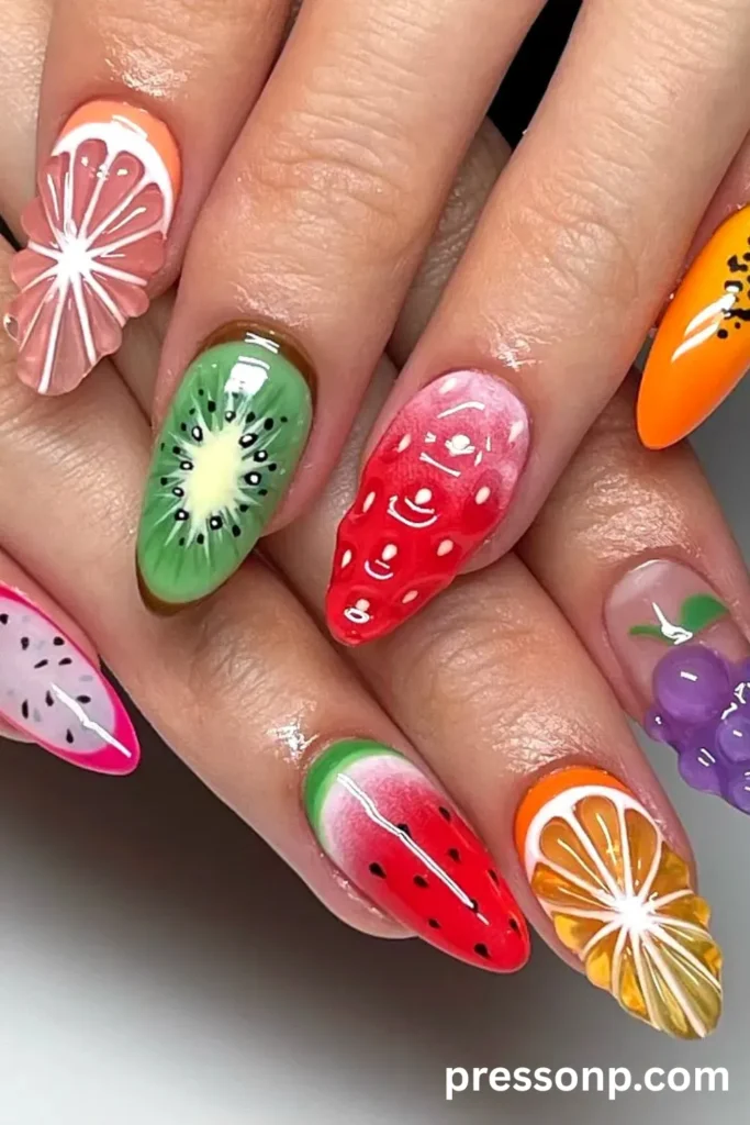 Close-up of long almond acrylic nails featuring a colorful, high-gloss summer fruit theme with 3D textured accents including strawberry, kiwi, watermelon, and citrus slices.