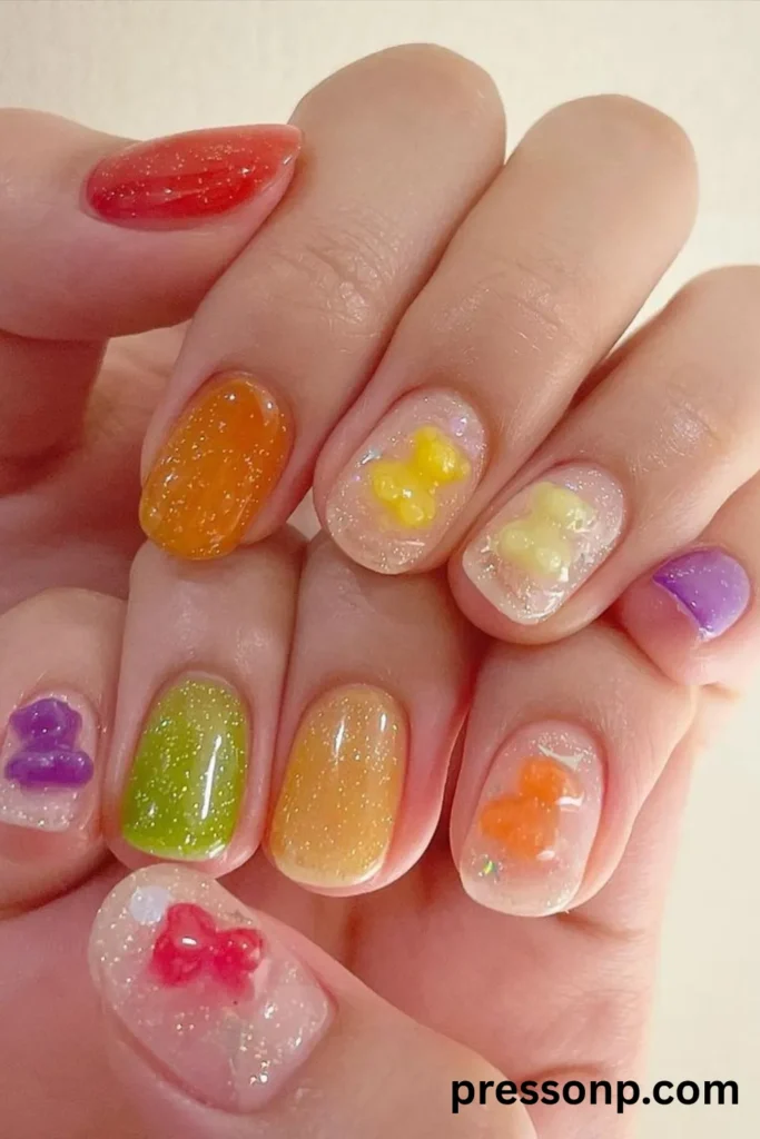 Close-up of short, oval candy-colored jelly nails featuring a mix of translucent glitter polish and 3D gummy bear accents.