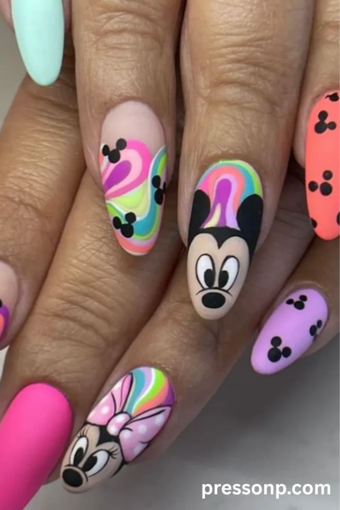 Close-up of long, oval-shaped cartoon outline nails featuring hand-painted matte Disney-inspired designs of Mickey and Minnie Mouse alongside vibrant, psychedelic swirls.