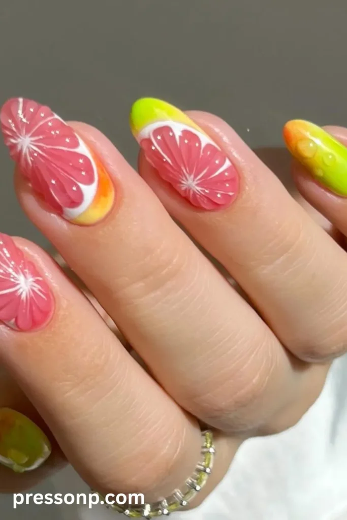 Close-up of long oval nails featuring vibrant neon yellow-green bases decorated with highly detailed 3D textured pink grapefruit or blood orange fruit slices and realistic clear water droplet accents.
