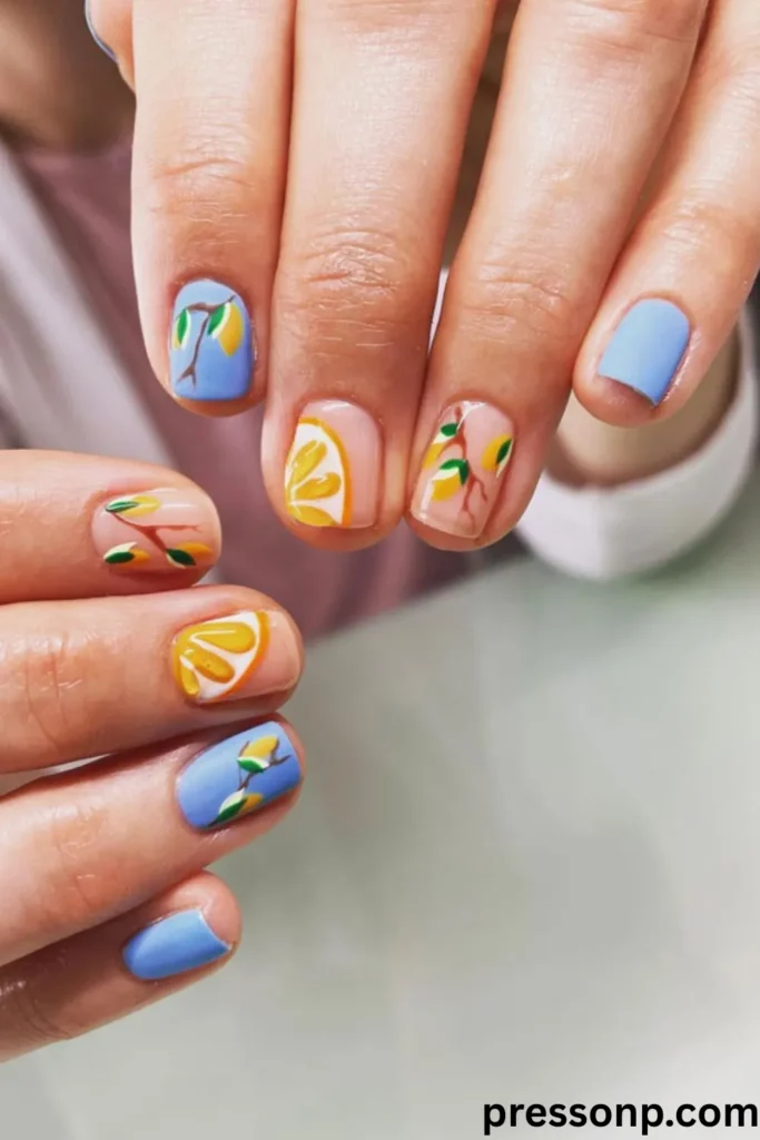 A close-up of hands displaying a glossy summer manicure on short, natural square nails, featuring a mix of cornflower blue and clear nude bases decorated with hand-painted lemon branches and vibrant orange slices.