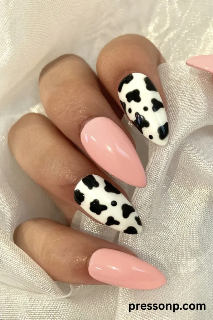 A close-up of a hand showcasing a trendy western-style manicure on long stiletto nails, featuring alternating solid pastel pink nails and white accent nails painted with a glossy black cow print pattern