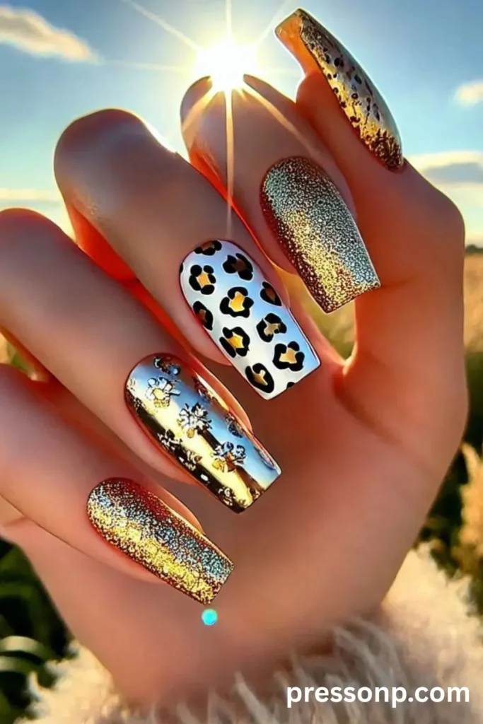 Close-up of long square manicured nails featuring a mismatched animal print design with textured gold glitter, mirror-finish silver and gold chrome, and a central white accent nail decorated with black and gold chrome spots.