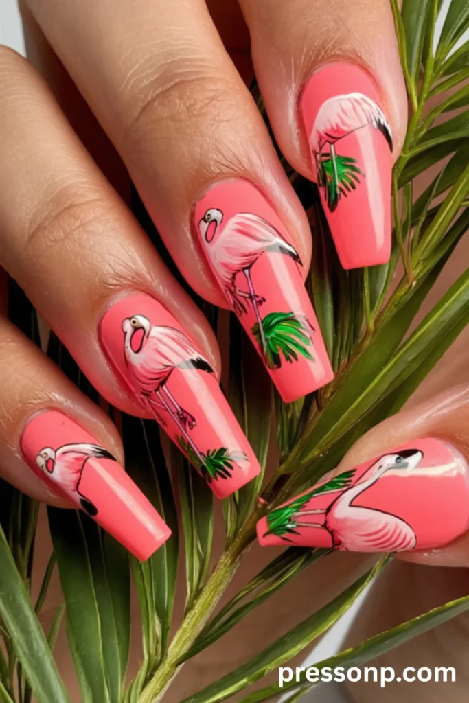 Close-up of long coffin-shaped nails featuring a bright flamingo pink base with hand-painted tropical flamingo and green palm leaf accents.