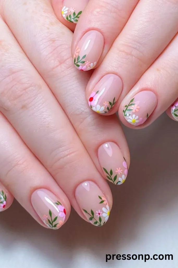 Close-up of short, natural-length oval nails with a glossy nude base coat, decorated with delicate hand-painted micro-art of colorful wild flowers and green leaves along the tips.