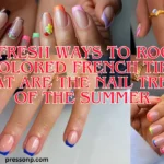 A wide horizontal four-panel collage showcasing different modern variations of colored French tip manicures, including multi-colored pastels, neon side-curves, classic royal blue tips, and rainbow-skittle outlines. Red text with a white outline overlay reads: "7 FRESH WAYS TO ROCK COLORED FRENCH TIPS THAT ARE THE NAIL TREND OF THE SUMMER".
