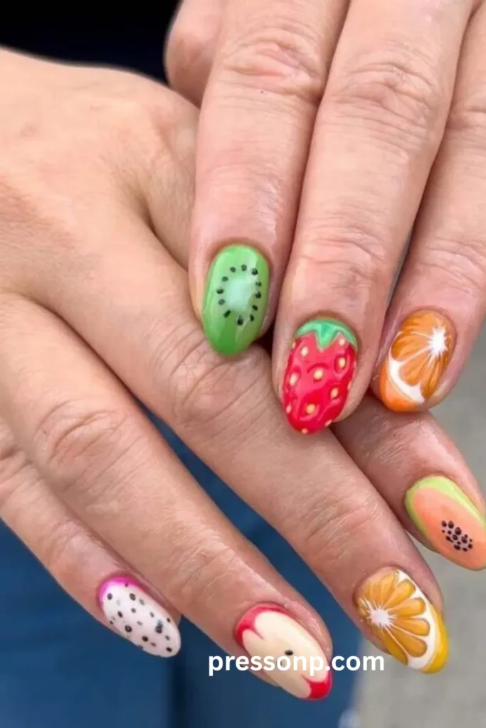 A close-up photograph of two hands displaying a colorful, mismatched summer fruit manicure on short oval nails. The design features a playful assortment of hand-painted fruit patterns, including textured strawberries, kiwis, orange slices, dragon fruit, apples, and papayas.