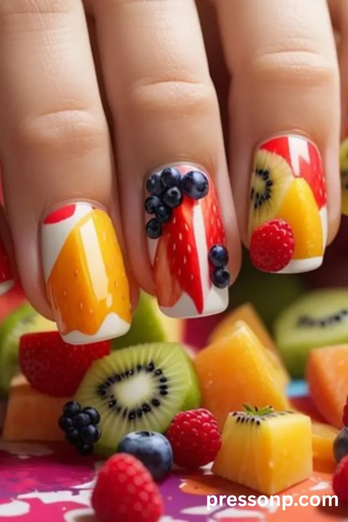 Close-up of square acrylic nails featuring a high-gloss fruit salad theme, showcasing hyper-realistic designs of mangoes, strawberries, kiwis, and raspberries with 3D blueberry accents.