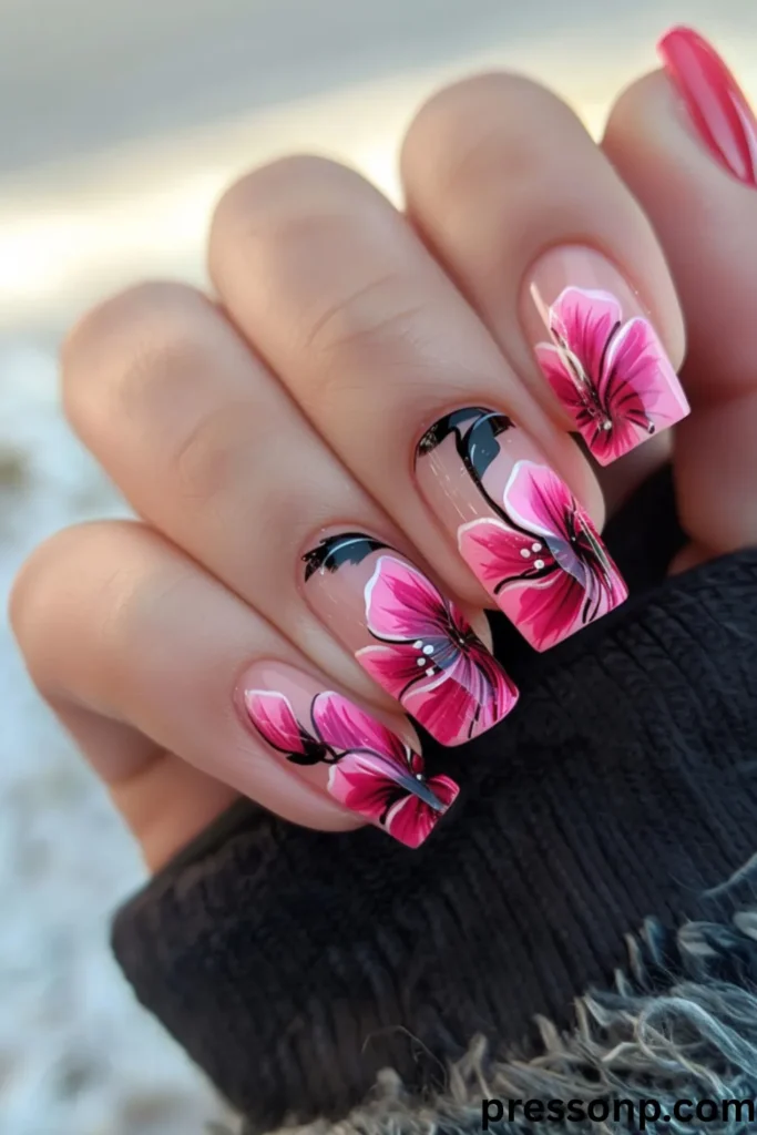 A close-up of a hand showcasing a high-gloss manicure on short, natural-length square nails, featuring a sheer nude base decorated with intricate, hand-painted hot pink and magenta hibiscus flowers with black and white accents.