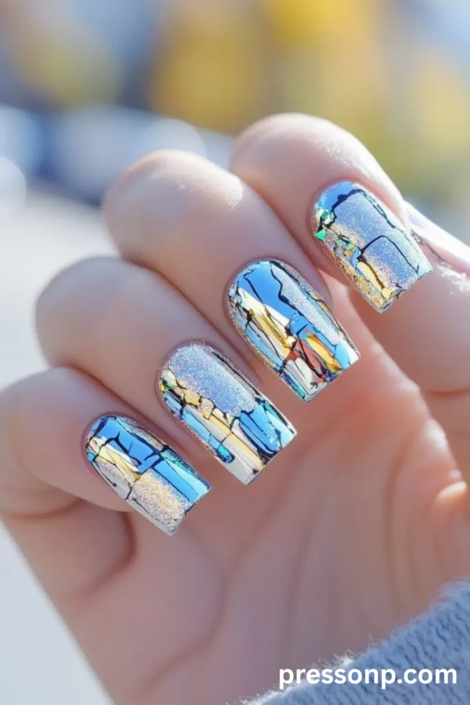 Close-up of long square manicured nails featuring an eye-catching holographic shattered glass design with reflective metallic foil pieces and fine laser-glitter accents.
